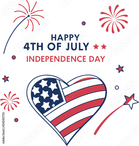 Patriotic 4th of July Graphic with Red and Blue Typography Heart American Flag and Fireworks on White Background