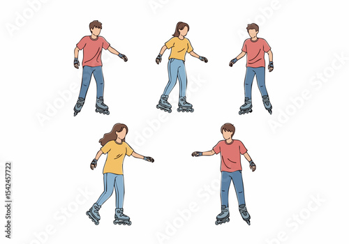 Minimalist Line Art Inline Skating People Group Activity Illustration