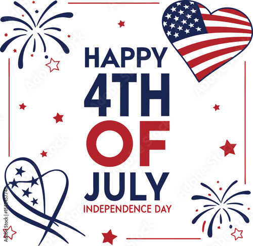 Happy 4th of July Independence Day Background with Heart Shaped American Flag Fireworks and Stars on White