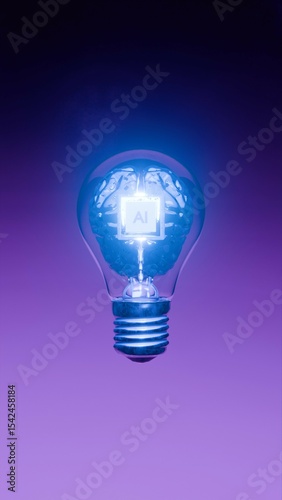AI processor chip embedded in digital brain inside glowing light bulb