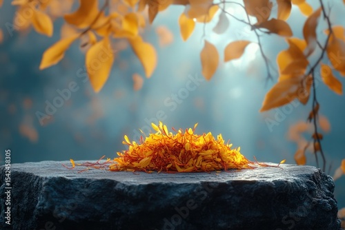 A vibrant pile of saffron threads resting on a stone platform, bathed in the soft glow of autumnal foliage.