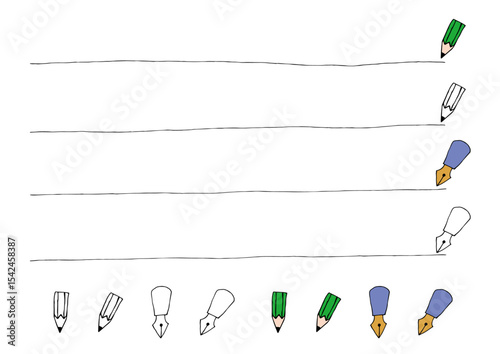 鉛筆、万年筆で横線を引く手書き風イラスト