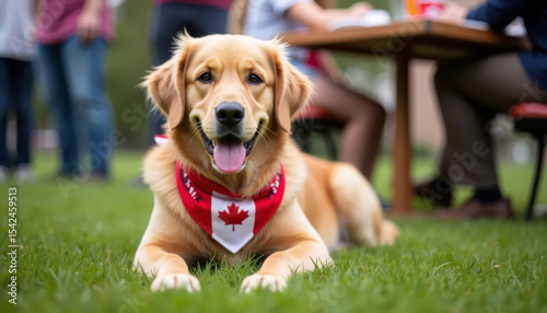 Golden retriever in maple leaf bandana rests on grass near festive table, joyful Canada Day celebration outdoors