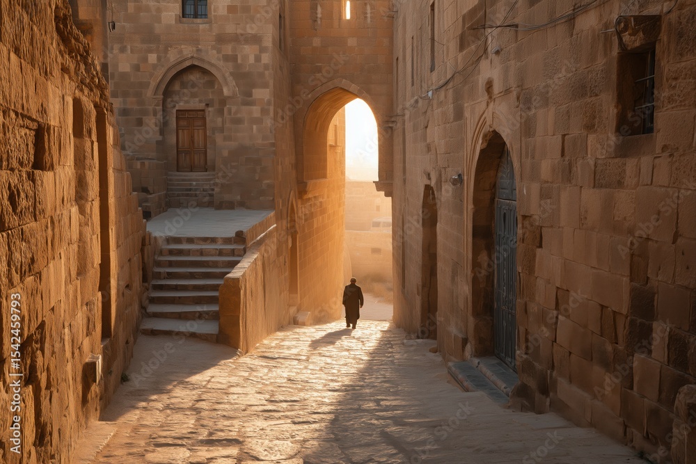 Obraz premium Traveler exploring the ancient, golden-stone architecture of an old town at sunrise, with quiet alleys and no one else in sight.