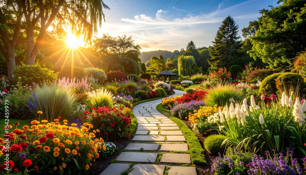 Fototapeta premium A charming garden path winds through vibrant flowers, bathed in the warm glow of the setting sun.