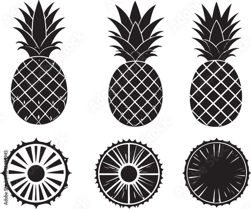 Pineapple Silhouette Fruit Set Vector Graphics of Whole, Sliced, and Half-Cut Pineapples - Perfect for Design Projects