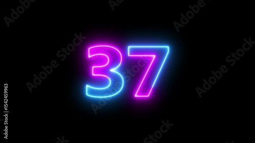 Neon text 37 number countdown icon background 4k animation. Glowing sign on black background Neon number 37 with alpha channel
