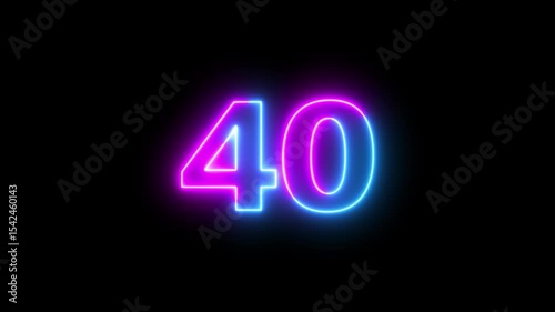 Neon text 40 number countdown icon background 4k animation. Glowing sign on black background Neon number 40 with alpha channel