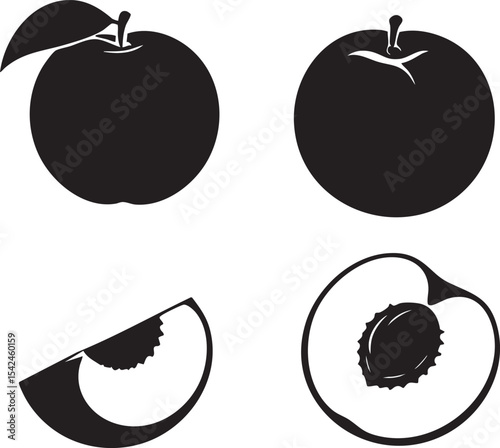 Elegant Silhouette Fruit Set  High-Quality Vector Icons of Peaches and Plums in Line Art Style, Perfect for Design Projects