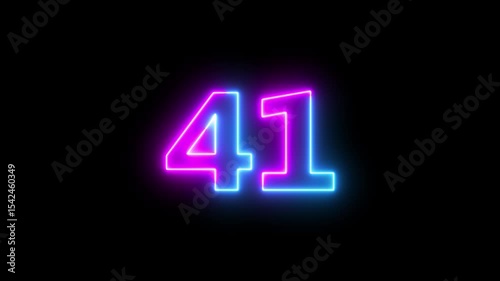 Neon text 41 number countdown icon background 4k animation. Glowing sign on black background Neon number 41 with alpha channel