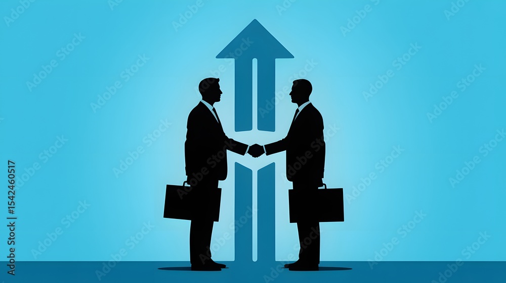Fototapeta premium Business Partnership Concept With Silhouettes Of Two Businessmen Shaking Hands In Front Of Arrow Symbolizing Growth And Collaboration