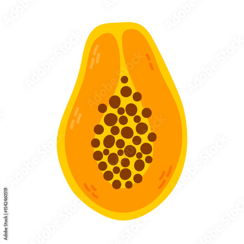 Ripe papaya cut in half with visible seeds. Great for tropical, healthy, and exotic fruit-themed design