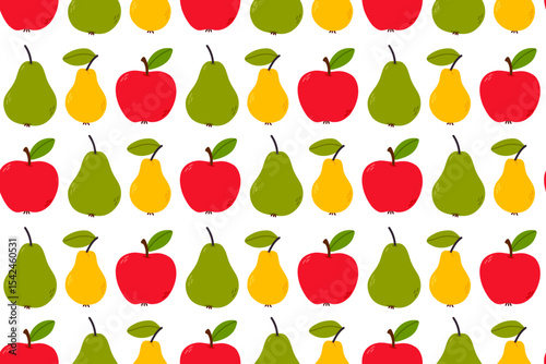 Colorful seamless pattern with apples and pears. Perfect for healthy food packaging and nature-themed design projects