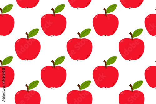 Repeating pattern of red apples with green leaves on white background. Perfect for food packaging, kitchen decor, or healthy lifestyle branding