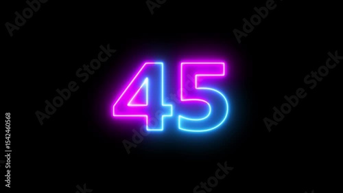 Neon text 45 number countdown icon background 4k animation. Glowing sign on black background Neon number 45 with alpha channel
