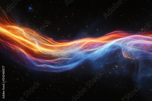 A vibrant cosmic ribbon of orange, red, and blue nebulae stretches across a starlit space, a stunning display of galactic beauty.