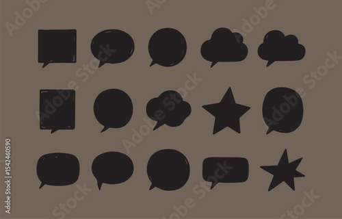 Collection of hand drawn black speech bubbles and shapes for communication design