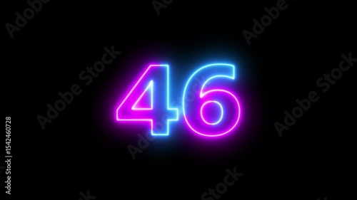 Neon text 46 number countdown icon background 4k animation. Glowing sign on black background Neon number 46 with alpha channel