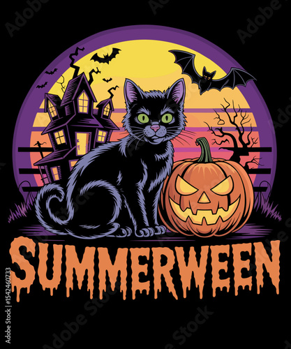 Retro Black Cat Spooky Cute Art Summerween Vibes