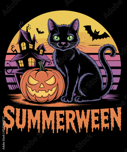 Retro Black Cat Spooky Cute Summerween Vibes
