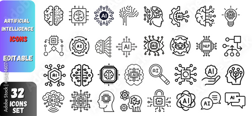 Artificial Intelligence Icons: Editable Vector Set for AI, Machine Learning, and Robotics

