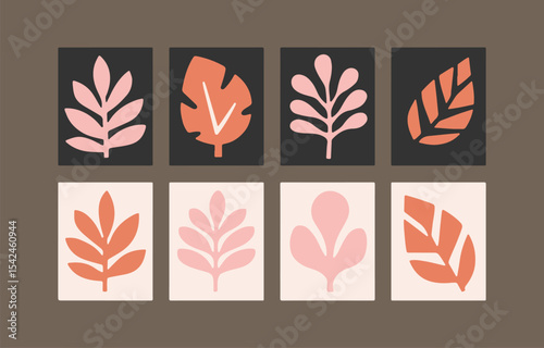 Set of eight minimalist abstract leaf illustrations in pink and coral on dark and light backgrounds