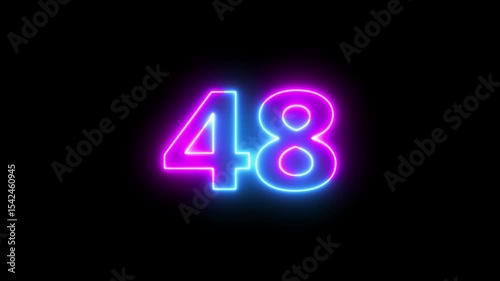 Neon text 48 number countdown icon background 4k animation. Glowing sign on black background Neon number 48 with alpha channel