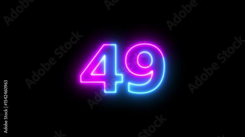 Neon text 49 number countdown icon background 4k animation. Glowing sign on black background Neon number 49 with alpha channel