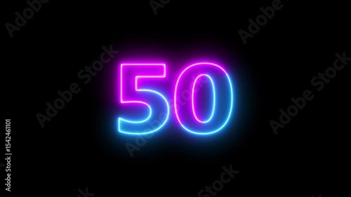 Neon text 50 number countdown icon background 4k animation. Glowing sign on black background Neon number 50 with alpha channel