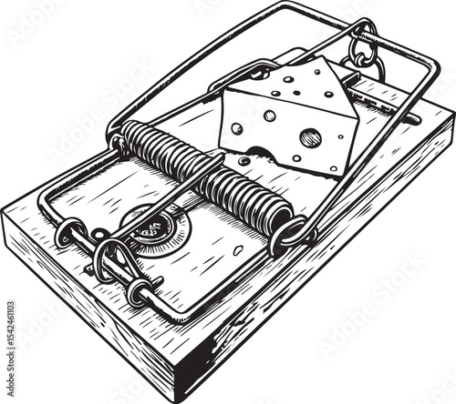 Mousetrap Mouse Trap Vector Illustration, Sketch Drawing Line Linear Symbol Icon Engraving Coloring Book, Hand-drawn Black and White Isolated