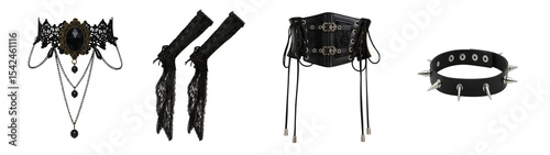 Gothic and Punk-Inspired Black Accessories Set – Lace Gloves, Corset Belt, Spiked Choker and Victorian Necklace – Alternative Fashion Elements with Leather, Chains and Metal Details for Darkwear, Feti