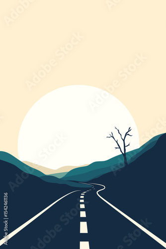 Road, Desert, Sand, Canyon, Valley, Distance, View, Rock, Mountain, Hill, Sun, Sky, Tree, Nature, Artwork, Vector