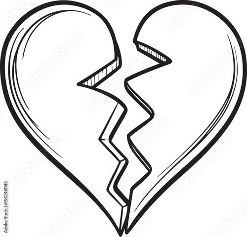 Broken Heart Vector Illustration, Sketch Drawing Line Linear Symbol Icon Engraving Coloring Book, Hand-drawn Black and White Isolated