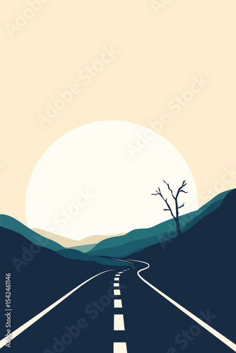 Road, Desert, Sand, Canyon, Valley, Distance, View, Rock, Mountain, Hill, Sun, Sky, Tree, Nature, Artwork, Vector