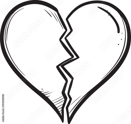 Broken Heart Vector Illustration, Sketch Drawing Line Linear Symbol Icon Engraving Coloring Book, Hand-drawn Black and White Isolated