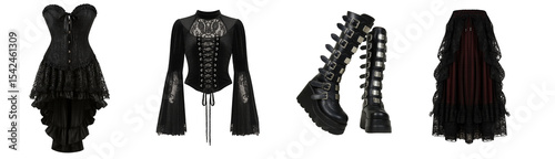 Gothic Clothing and Footwear Collection with Corset Dress, Bell Sleeve Top, Platform Boots and Layered Skirt – Victorian, Punk and Fetish Fashion Styles with Lace, Velvet, Faux Leather and Buckles
