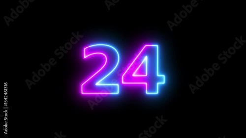 Neon text 24 number countdown icon background 4k animation.