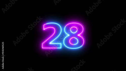 Neon text 28 number countdown icon background 4k animation.