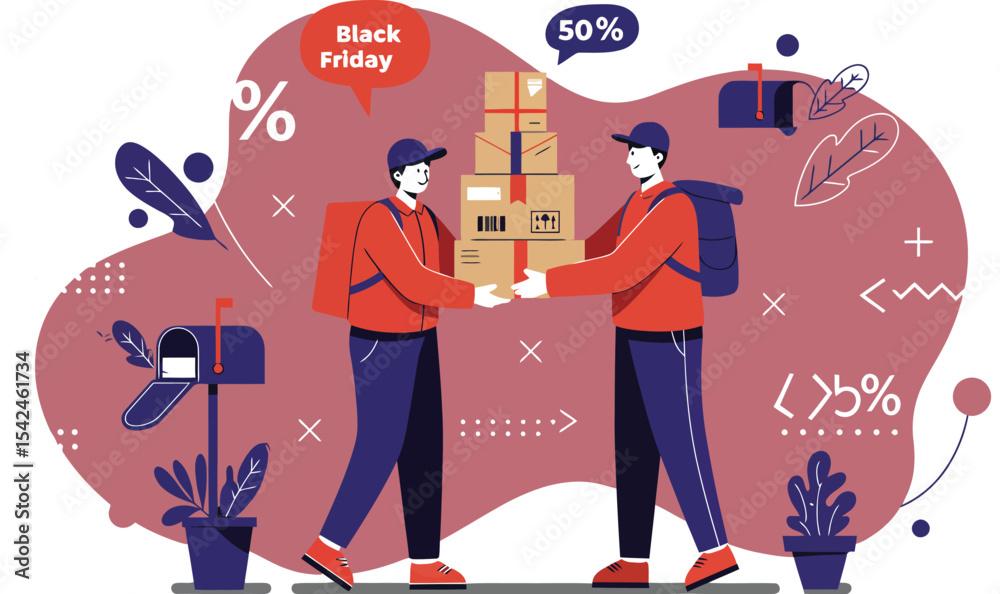 Obraz premium Online package delivery service with two couriers exchanging cardboard boxes in digital marketplace environment