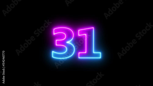 Neon text 31 number countdown icon background 4k animation.