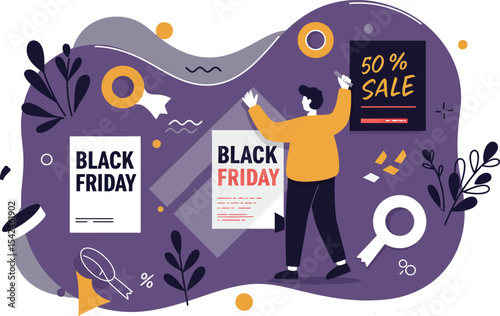 Black Friday sale promotion illustration with discount signs and shopper browsing offers in purple and orange tones 