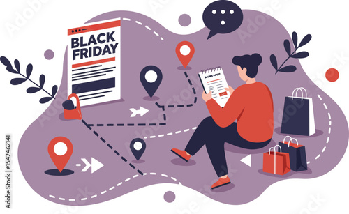 Woman checking Black Friday deals on mobile device with shopping bags and location pins in purple abstract background 