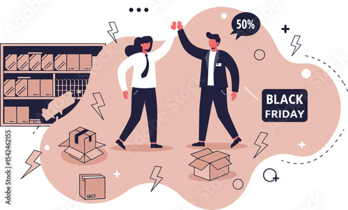 Businessmen celebrating Black Friday sale with discount and packages in office setting digital illustration 