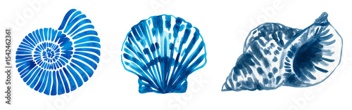 Blue Seashell in Watercolor Style – Spiral, Fan-Shaped and Conical Shells for Ocean-Themed 