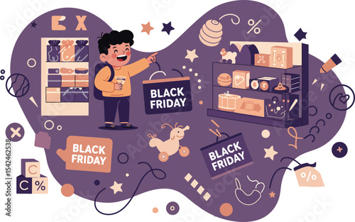 Animated illustration of Black Friday shopping with excited man and discount signs in purple background marketing theme 