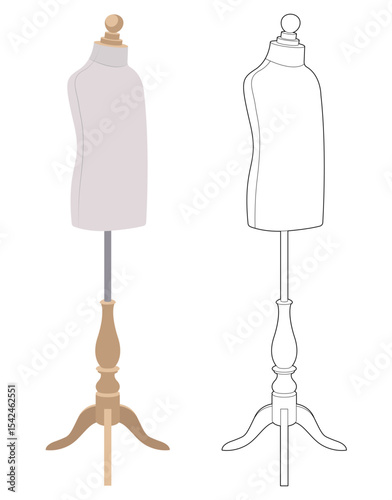 Set of two children's tailor dress forms: black line art, and realistic vector style. Child mannequins for sewing and fashion design, isolated on white background.