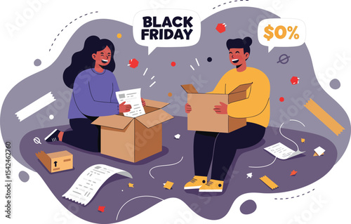 Black Friday shoppers unpacking cardboard boxes with receipts and discount signs in casual clothing indoors 