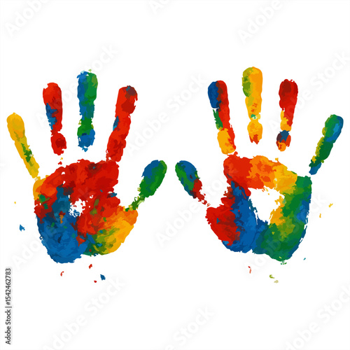 Vibrant handprint artwork with colorful paint in red, yellow, blue, and green on a beige background, perfect for kids' art, education, or creative design projects.