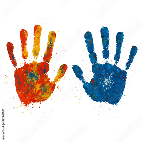 Vibrant handprint artwork with colorful paint in red, yellow, blue, and green on a beige background, perfect for kids' art, education, or creative design projects.