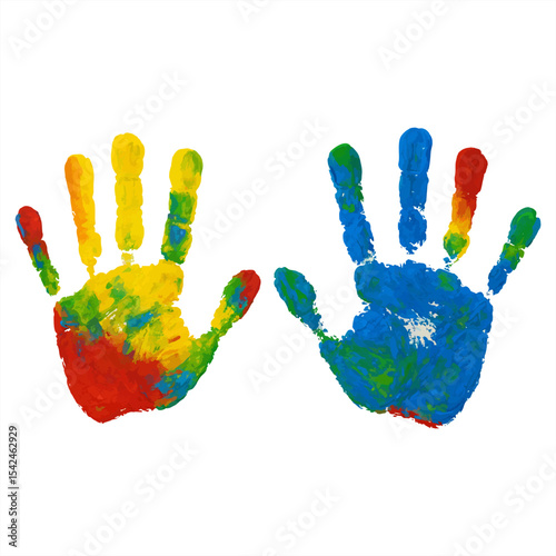 Vibrant handprint artwork with colorful paint in red, yellow, blue, and green on a beige background, perfect for kids' art, education, or creative design projects.